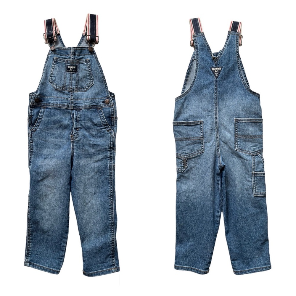 Oshkosh Bgosh Blue Denim Vestbak Red Blue Stripe Strap Train Overalls 4T